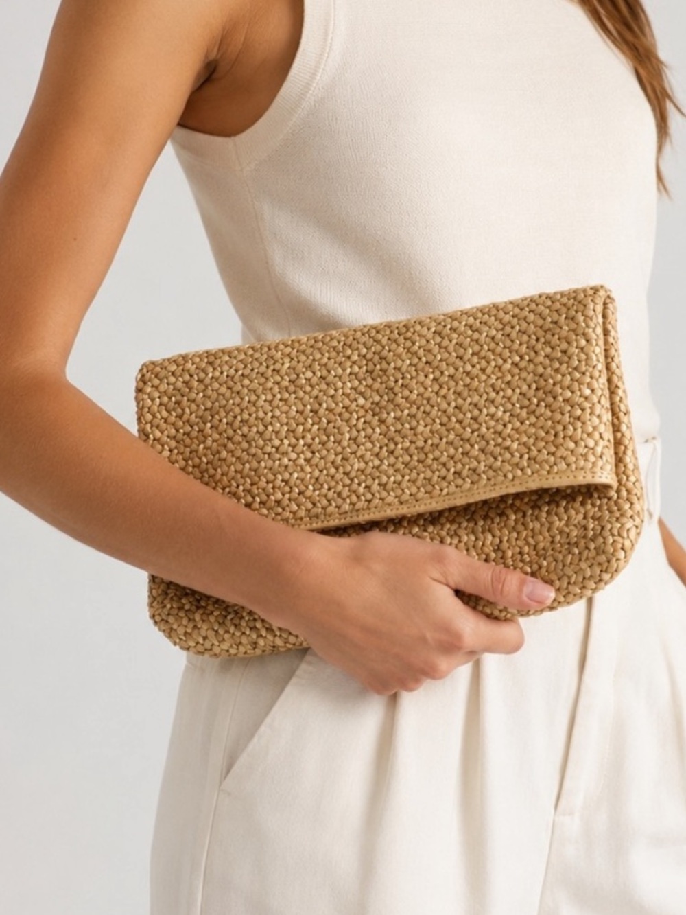 Club Monaco Woven Leather Clutch Foldover Zip Leather Butter Yellow Tan